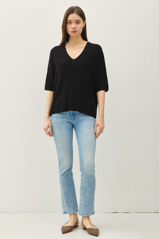 V-neck Dropped Shoulder Half Sleeve Sweater Top Black
