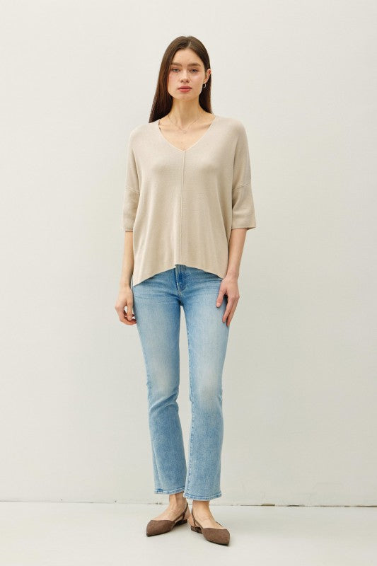 V-neck Dropped Shoulder Half Sleeve Sweater Top Cream