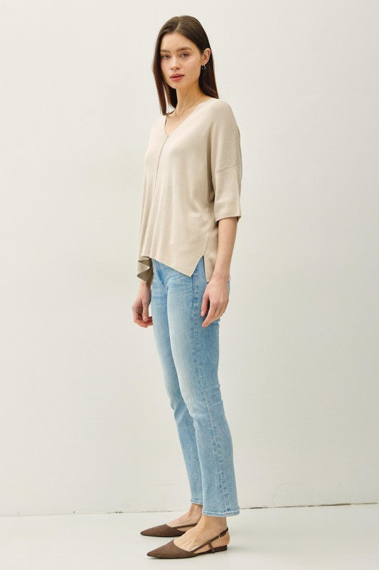 V-neck Dropped Shoulder Half Sleeve Sweater Top Cream