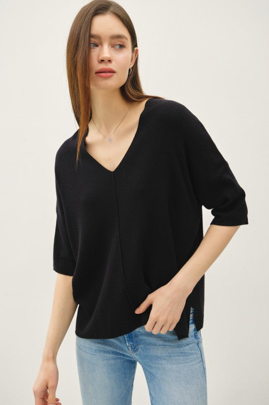 V-neck Dropped Shoulder Half Sleeve Sweater Top Black