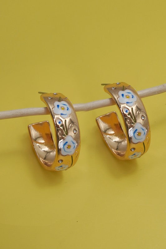Vintage Cloisonne Floral Huggie Hoop Earrings