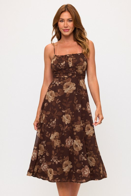 Floral Tie Back Slit Midi Dress Brown