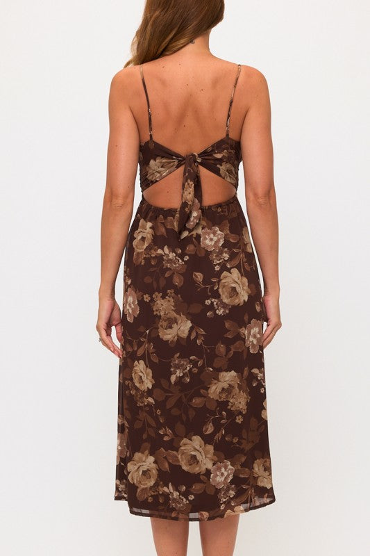 Floral Tie Back Slit Midi Dress Brown