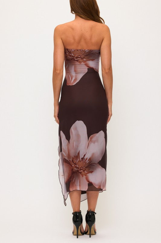 Floral Tube Slit Lettuce Hem Maxi Dress Brown
