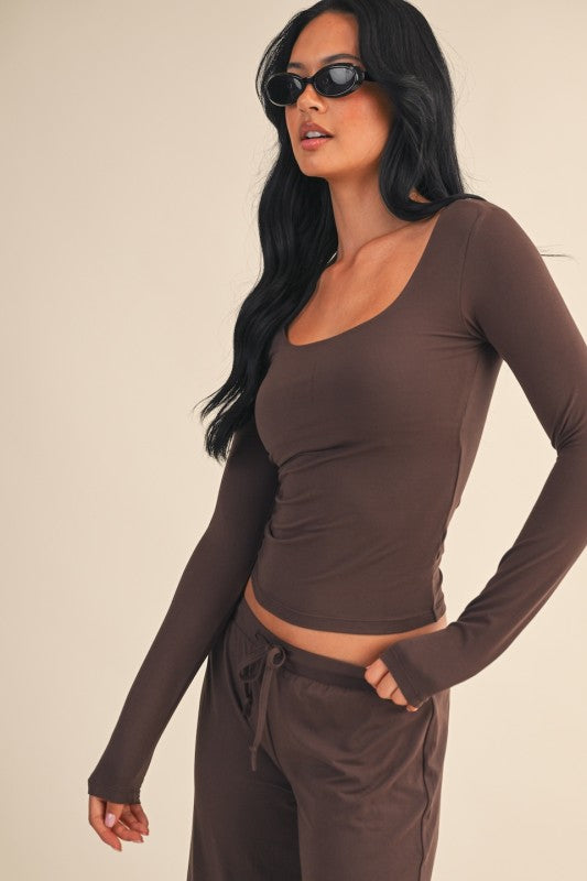 Soft Knit Jersey Square Neck Long Sleeve Top Espresso Brown