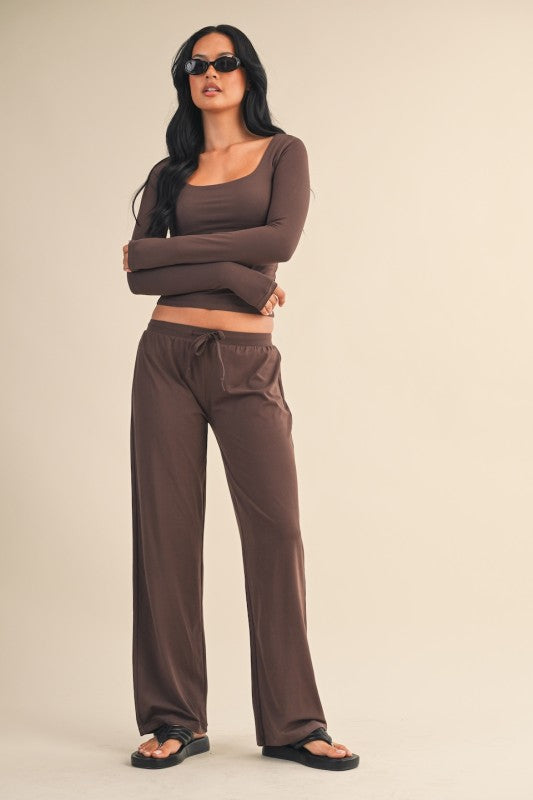 Soft Knit Jersey Square Neck Long Sleeve Top Espresso Brown