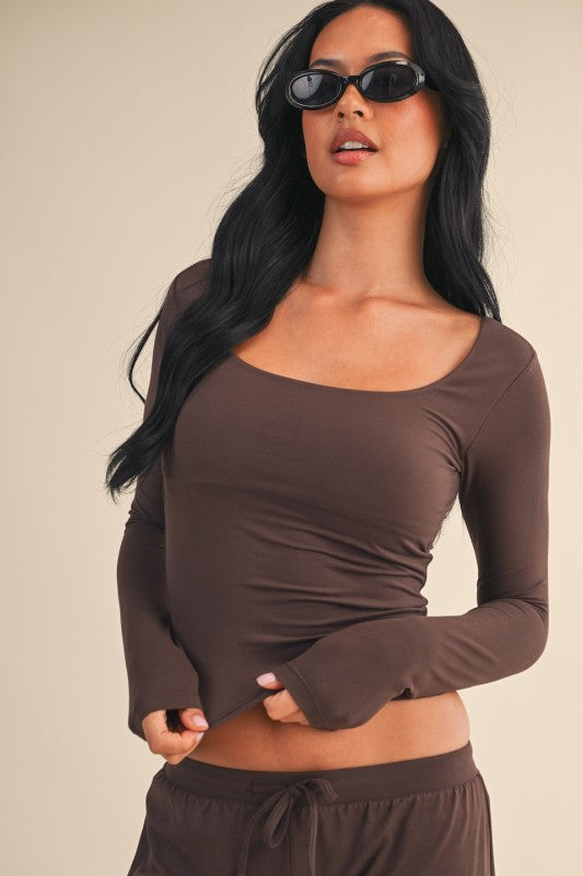 Soft Knit Jersey Square Neck Long Sleeve Top Espresso Brown