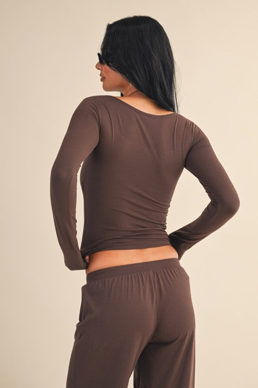 Soft Knit Jersey Square Neck Long Sleeve Top Espresso Brown