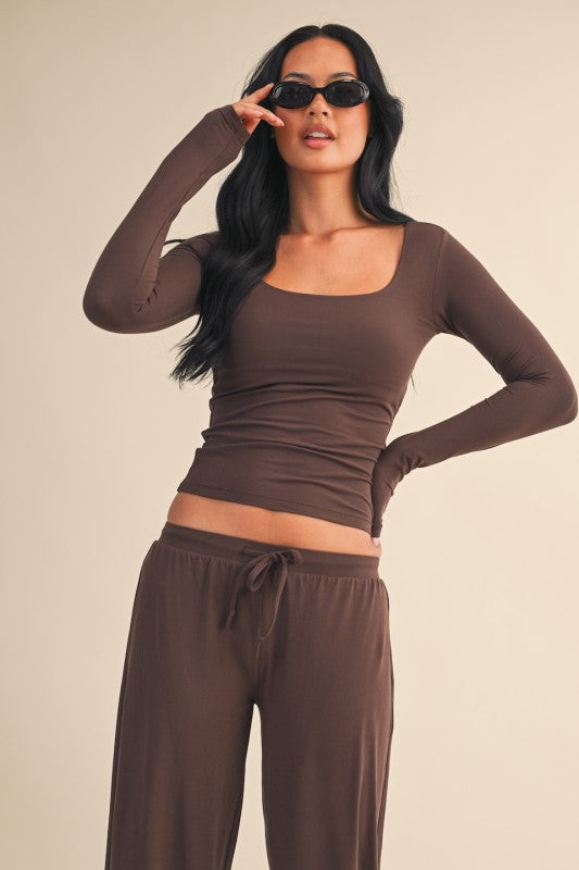 Soft Knit Jersey Square Neck Long Sleeve Top Espresso Brown