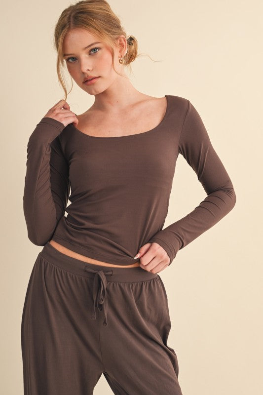 Soft Knit Jersey Square Neck Long Sleeve Top Espresso Brown