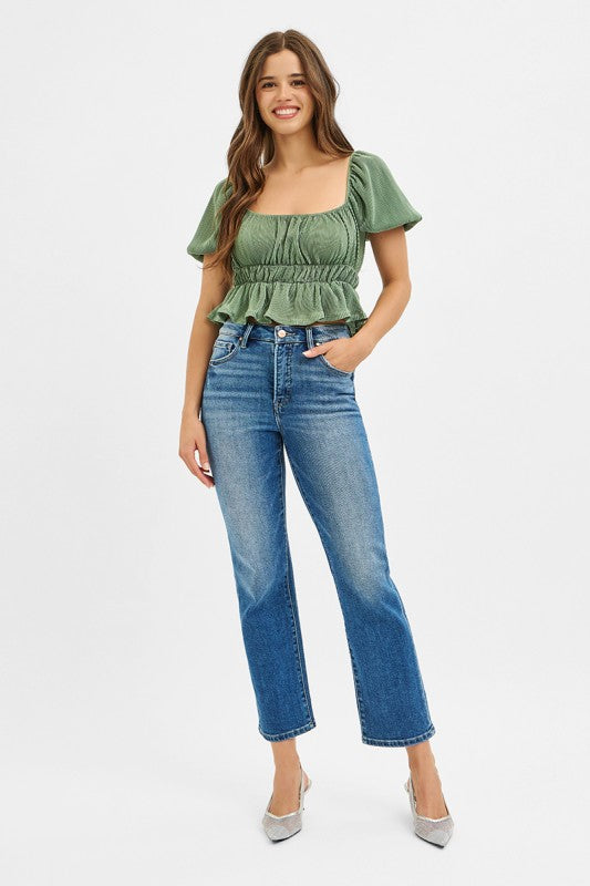 Tummy Control High Rise Crop Risen Straight Jeans