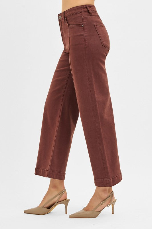 Tummy Control High Rise Front Seam Crop Wide Pants Brown