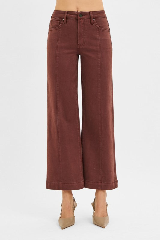 Tummy Control High Rise Front Seam Crop Wide Pants Brown