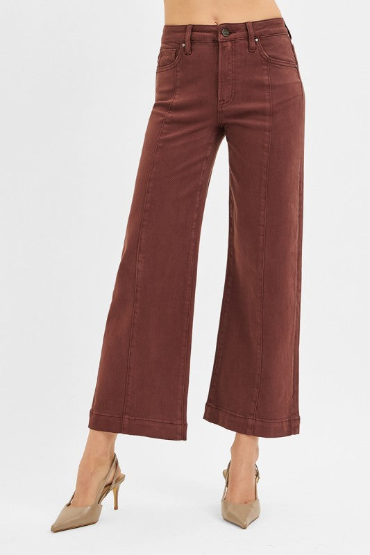 Tummy Control High Rise Front Seam Crop Wide Pants Brown