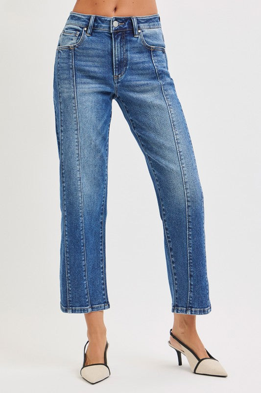 High Rise Front Seam Detail Straight Jeans