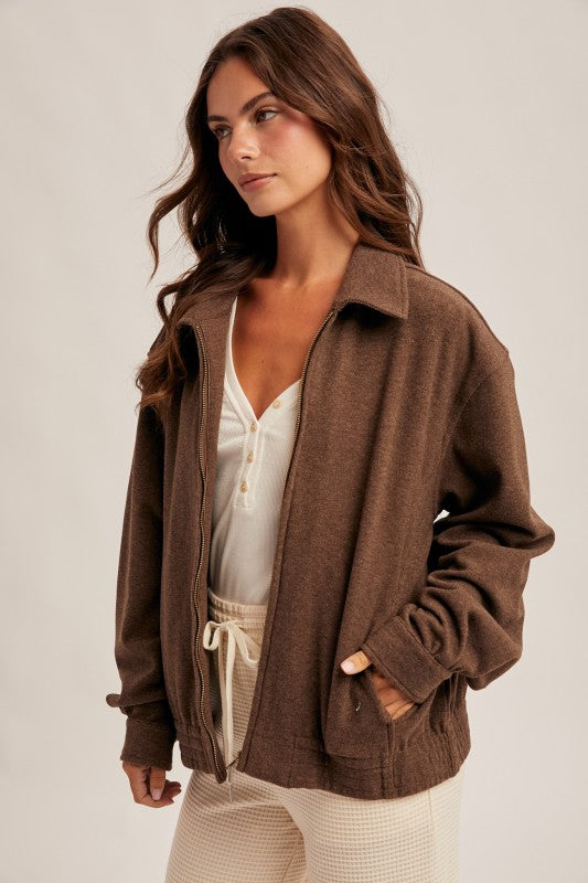 Heavy Weight Brushed Jersey Zip Jacket Brown