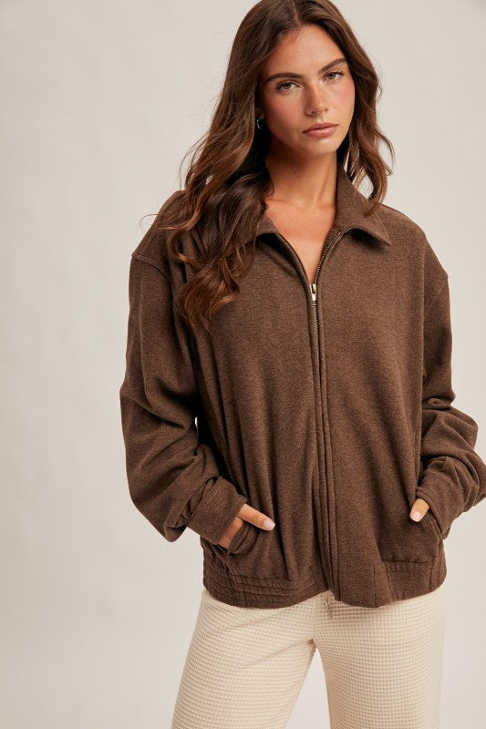 Heavy Weight Brushed Jersey Zip Jacket Brown