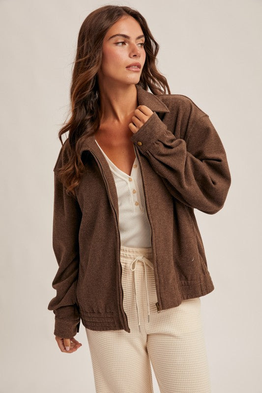 Heavy Weight Brushed Jersey Zip Jacket Brown