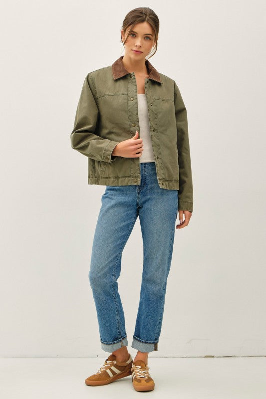 Barn Jacket With Corduroy Accent Collar Olive Green