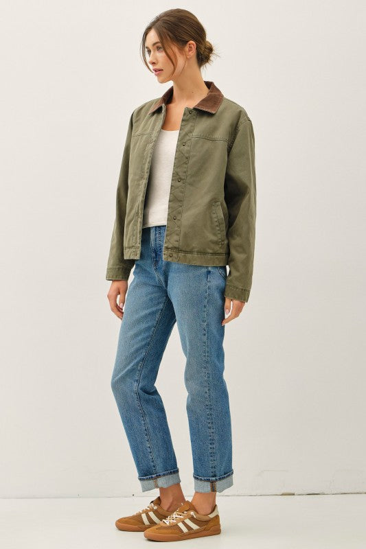 Barn Jacket With Corduroy Accent Collar Olive Green