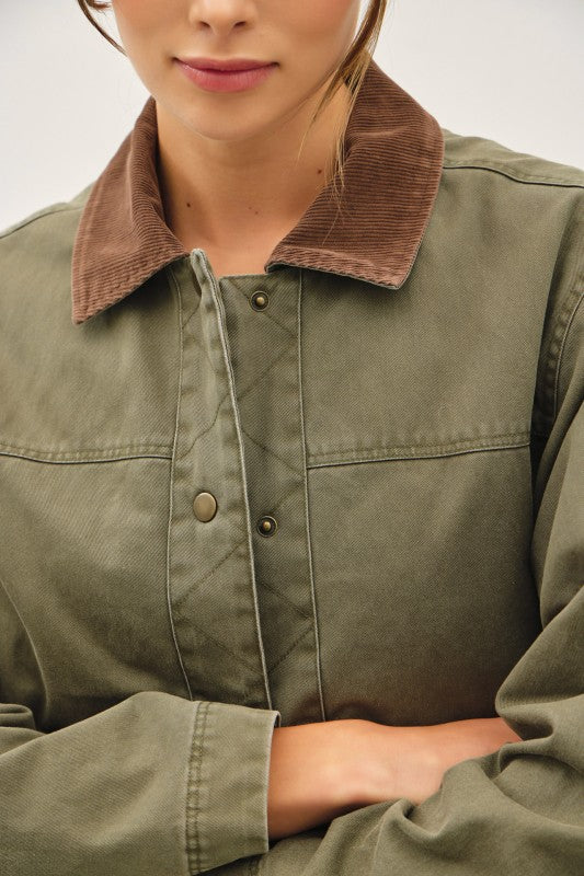 Barn Jacket With Corduroy Accent Collar Olive Green