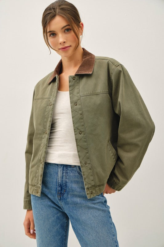 Barn Jacket With Corduroy Accent Collar Olive Green