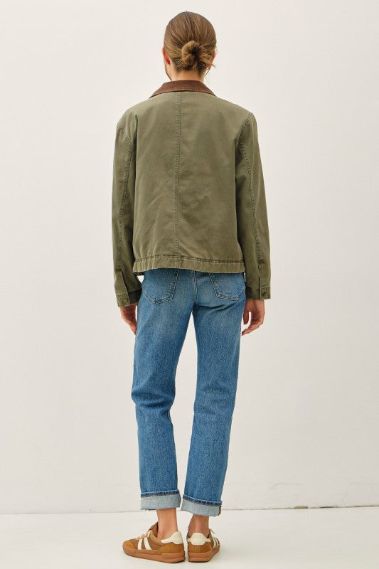 Barn Jacket With Corduroy Accent Collar Olive Green