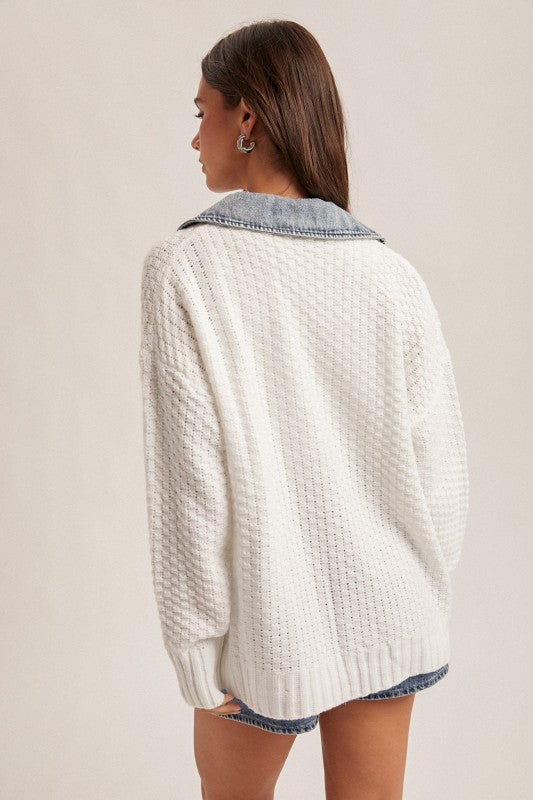 Oversized Denim Contrast Sweater Cardigan White