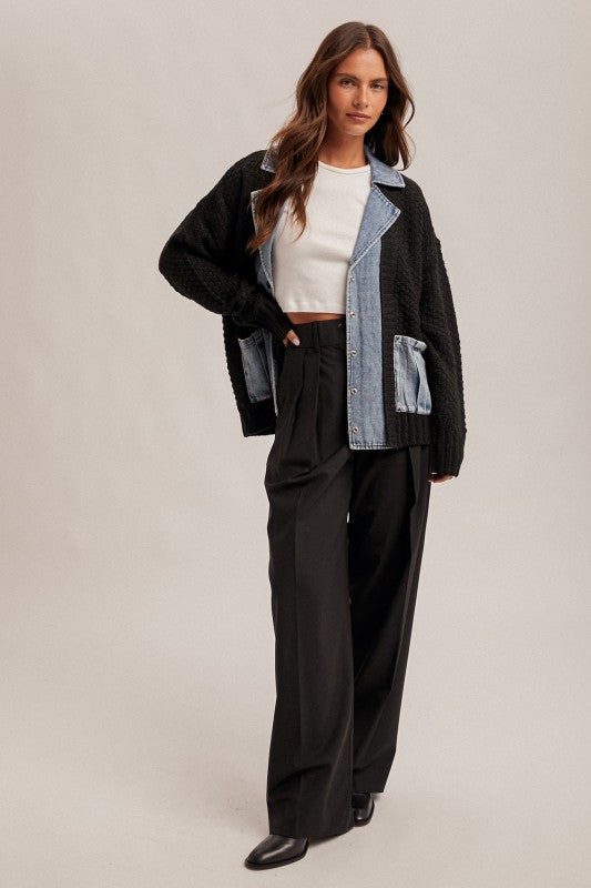 Oversized Denim Contrast Sweater Cardigan Black