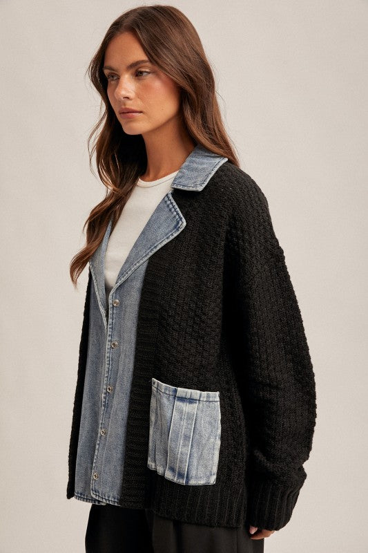 Oversized Denim Contrast Sweater Cardigan Black