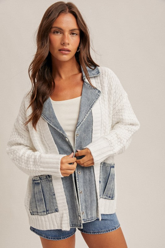 Oversized Denim Contrast Sweater Cardigan White