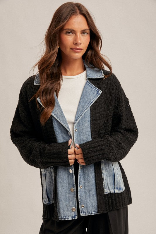 Oversized Denim Contrast Sweater Cardigan Black