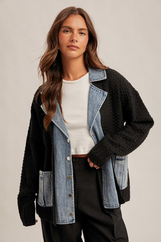 Oversized Denim Contrast Sweater Cardigan Black