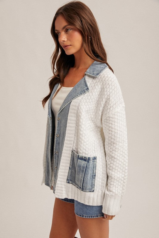 Oversized Denim Contrast Sweater Cardigan White