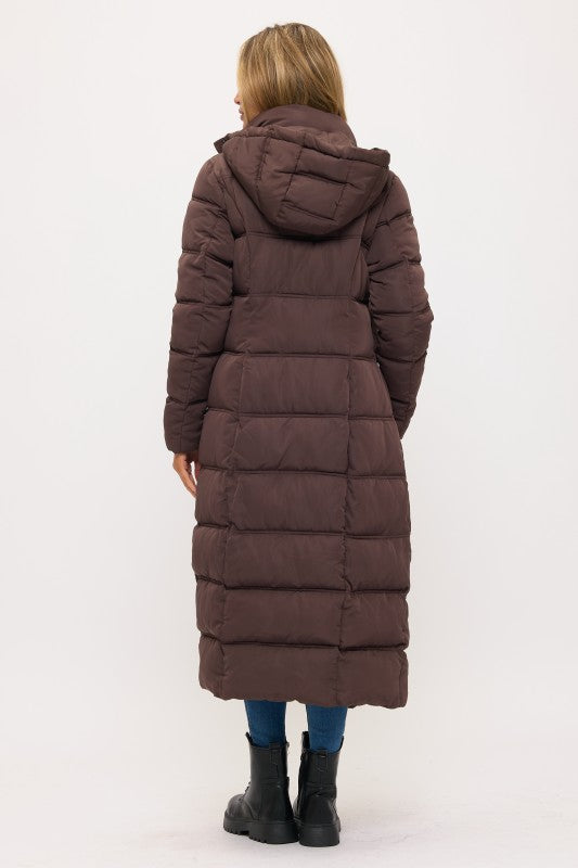 Full Length Quilted Hoodie Coat Espresso Brown