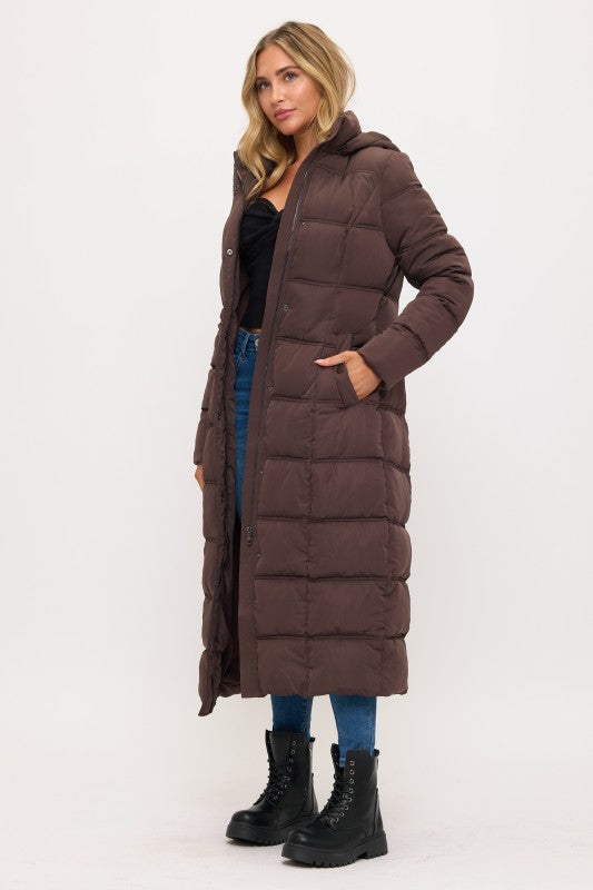 Full Length Quilted Hoodie Coat Espresso Brown