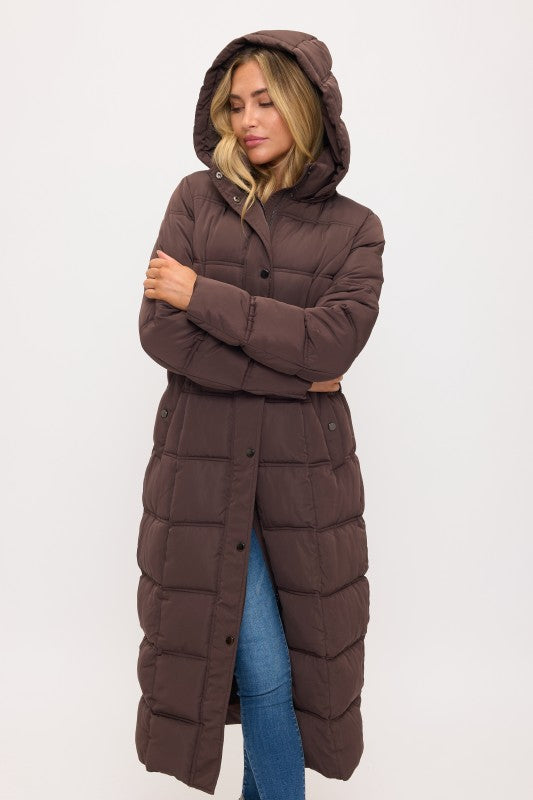 Full Length Quilted Hoodie Coat Espresso Brown