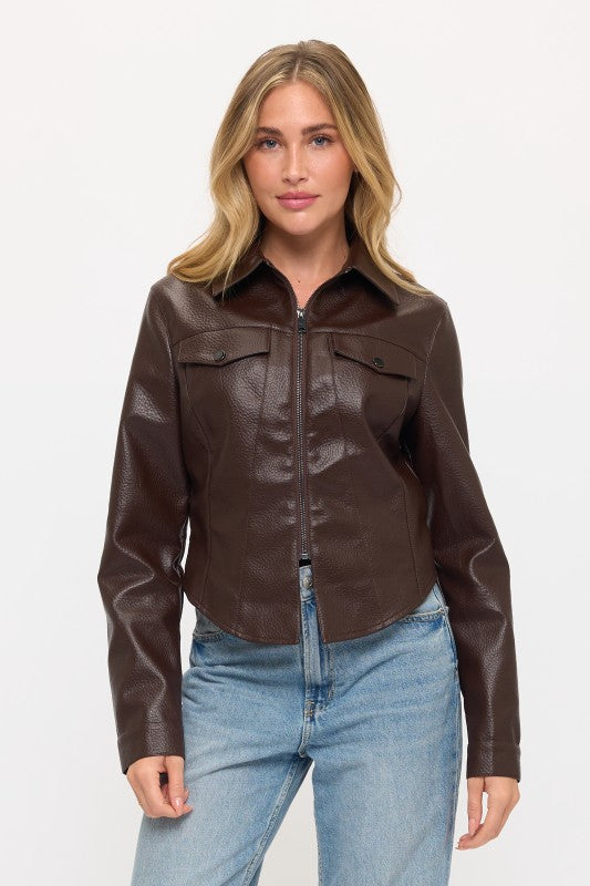Vegan Leather Cropped Modern Maverick Jacket Espresso Brown
