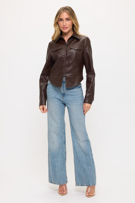 Vegan Leather Cropped Modern Maverick Jacket Espresso Brown