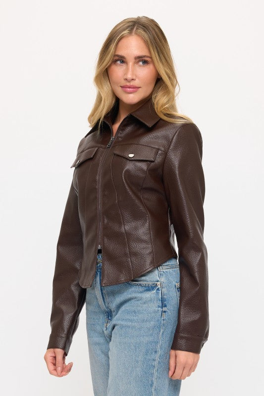 Vegan Leather Cropped Modern Maverick Jacket Espresso Brown