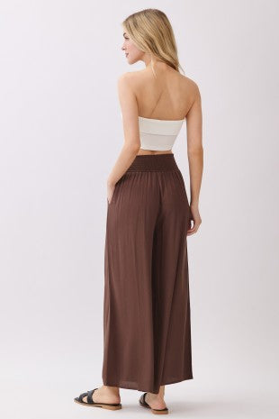 Wide Smocked Waist Wide Leg Crop Pants Espresso Brown