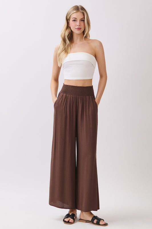 Wide Smocked Waist Wide Leg Crop Pants Espresso Brown