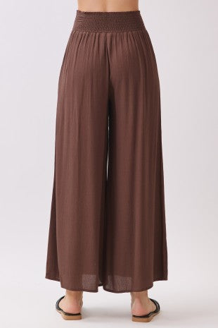 Wide Smocked Waist Wide Leg Crop Pants Espresso Brown