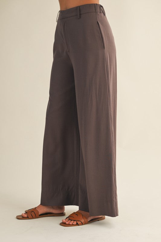 Elastic High Waist Wide Leg Brown Pants