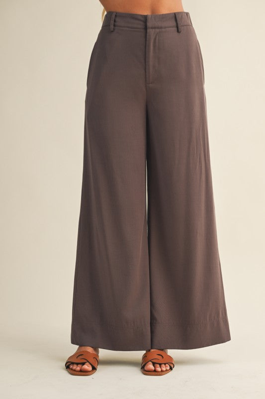 Elastic High Waist Wide Leg Brown Pants