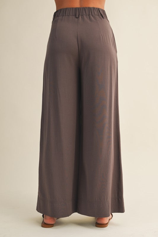 Elastic High Waist Wide Leg Brown Pants