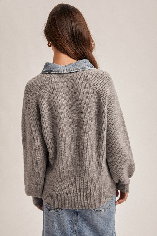 Denim Contrast Collared V Neck Sweater
