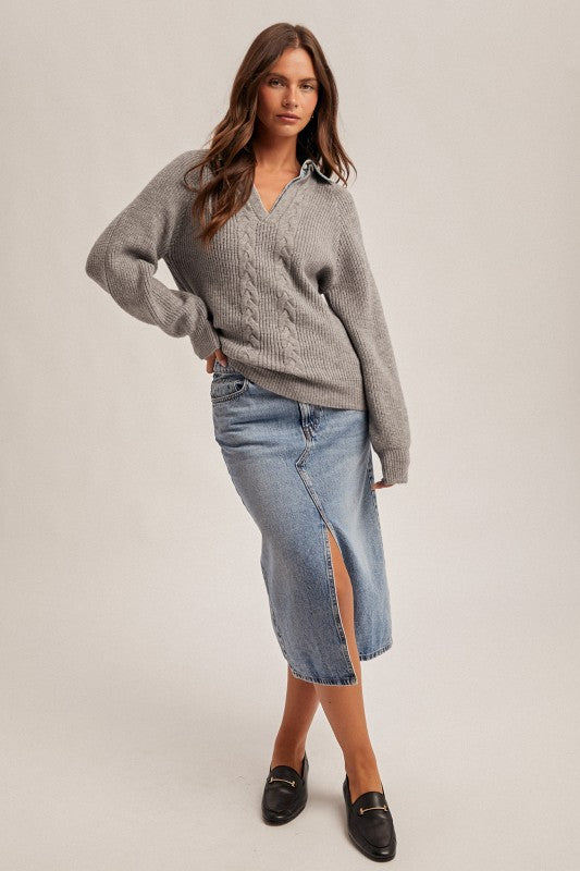 Denim Contrast Collared V Neck Sweater