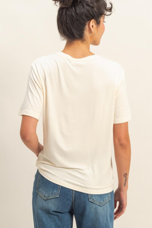 Classic Crew Neck Short Sleeve Pocket Top Cream