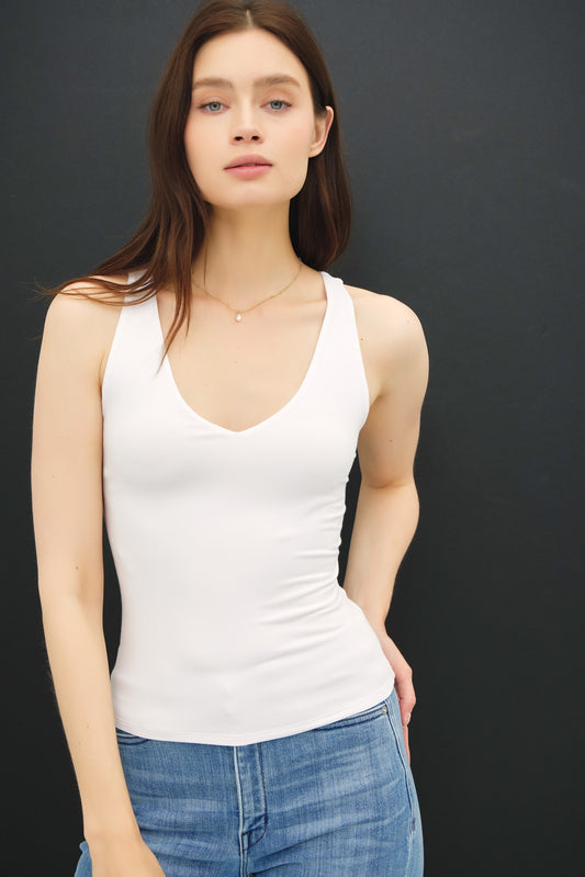 Soft Compression Double Layer Basic Full Length V-neck White Tank Top